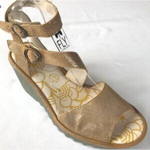 FLY London Yesk Wedge Sandal Pumps Womens Size EU 40 US 9.5  gold luna